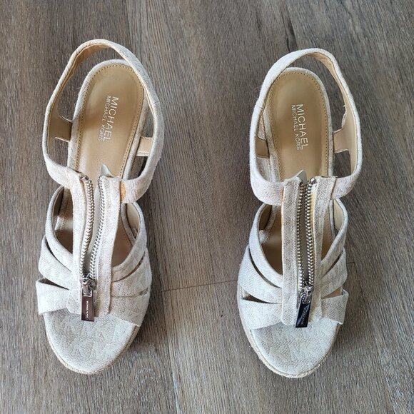 Michael Kors Berkley Platform Wedge Sandal MK Logo Cream Canvas Size 7 - Picture 6 of 16